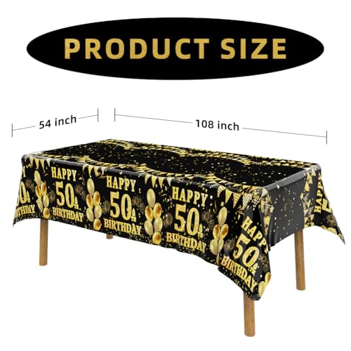 Image of Labeol 3 Pack 50th Birthday Tablecloth, Black and Gold Happy 50th Birthday Decorations, Disposable Plastic Rectangular Table Cover Party Supplies for Men Women