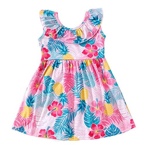 Hibiscus Pineapple Tropical Palm Leaf Ruffle Dress Toddler Kids Baby Girl Summer Hawaii 2-3T