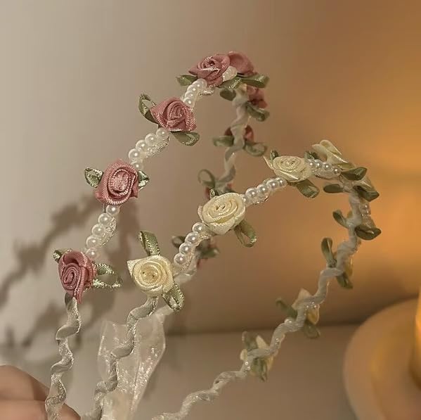 JOZMMZEOOA Fleurs Serre Tete Femme 2 Pièces Perle Bandeau Rose Beige Roses Serre Élégants Tete Cheveux Bandeau Fleuri Couronne Serre Tete Enfant,pour...