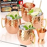 Benicci Moscow Mule Copper Mugs - Set of 4-100% HANDCRAFTED - Food Safe Pure Solid Copper Mugs - 16 oz Christmas Gift Set with Premium Quality Cocktail Straws and Jigger!