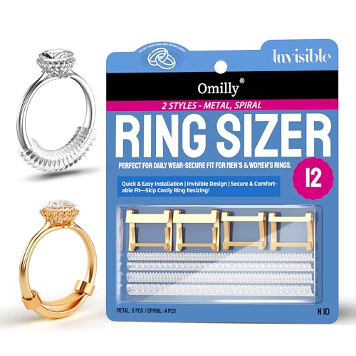 Omilly Filled Metal Ring Guard for Loose Rings 12 Piece Set with 2 Styles (Metal Ring Guards Spiral Coils) Ring Spacer Fits Ring Widths 1-10mm Invisible Resizing Solution for Women & Men