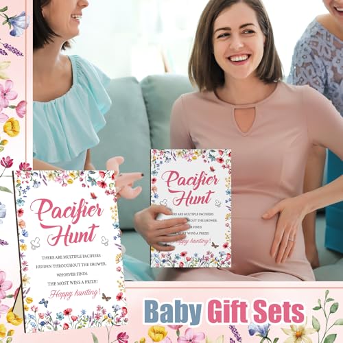 Image of Thyle 51 Pcs Pacifier Hunt Baby Shower Games Include Hunt Sign and 50 Acrylic Pacifiers for Baby Shower Game Decoration Gift Sets Gender Reveal Party Decor(Wildflower)