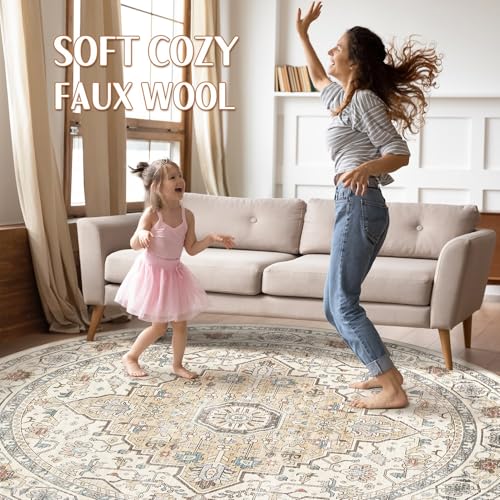 Round Rug Living Room Rugs: 6Ft Washable Boho Neutral Large Circle Soft Indoor Floral Stain Resistant Floor Farmhouse Carpet for Bedroom Nursery Kids Playroom Office Dining Room Dorm Home- Cream Blue