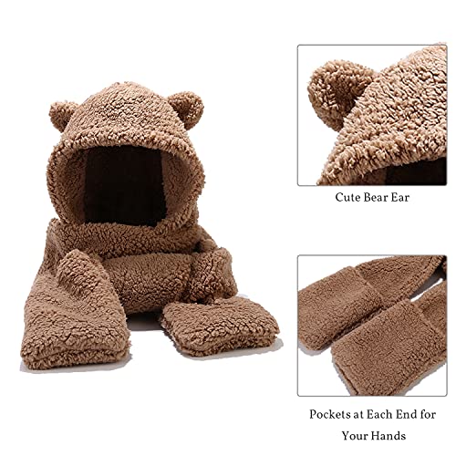 Umeepar Winter Bear Ear Sherpa Hood Hat Scarf Gloves 3 in 1 Hooded Scarf for Women Men4