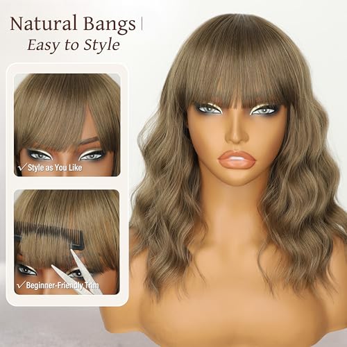 Image of Nnzes Short Wavy Bob Wig with Bangs for Women Shoulder Length Curly Soft Warm Golden Brown Synthetic Heat-Resistant Fiber Hair for Daily & Party Use