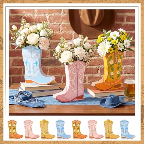 Image of 12 Set Boho Western Boots Flower Boxes Centerpiece Boot Shape Gift Boxes Party Decoration Vase Centerpieces for Tables Boots Rodeo Birthday Baby Shower Supplies(Cute Cowboy)