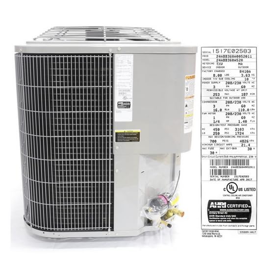 24ABB360A005-5 Ton, Single Circuit Condensing Unit. 3 phase 208-230V. Air Cooled. 14 SEER. Includes: Filter/Drier Kit included. R410A refrigerant precharge.