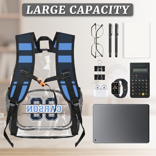 Personalized Clear Backpack with Name, Custom Heavy Duty PVC Transparent Backpack,Sports Number See Through Back Pack with Reinforced Strap for Stadium Approved Events Blue2