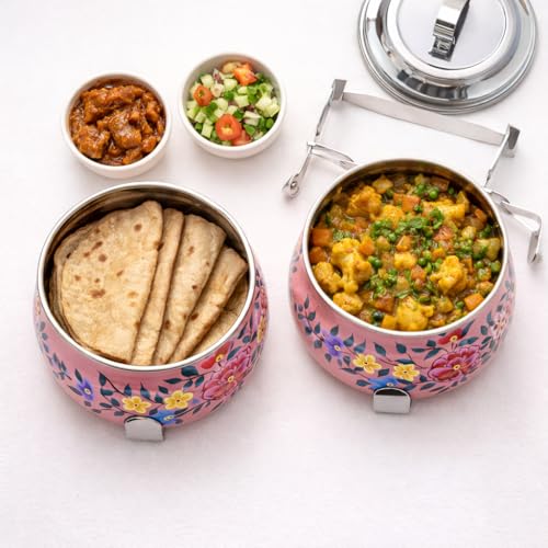 Image of iHandikart Handpainted Decorative Lunch Box Tiffin | Multiple Tier Stainless Steel Food Box | Designer Indian Print Tiffin for School | Diwali Gift, Navratri Gift (Color - Multicolor)