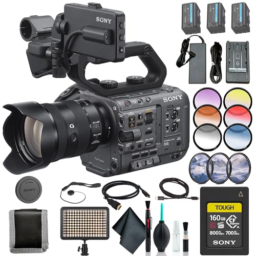 Sony FX6 Cinema Line Camera Kit with 24–105 mm F4 G OSS Lens (ILME-FX6VK) – Full-Frame 10.2MP Sensor | 4K 120p | 160GB Card, 2 x BP-U35 Battery, Filter Kit, Color Filter Kit, Bag, LED Light and More