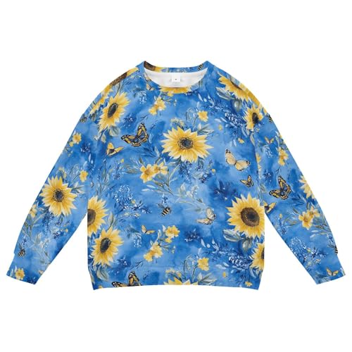 JUNZAN Florals Sunflower Butterflies Blue Kids Boys Hooded Sweatshirt Long Sleeve Tops Clothing Shirts Athletic 4T