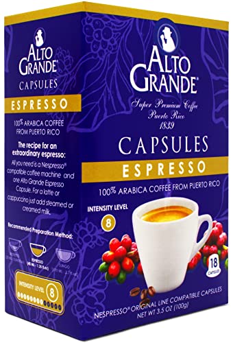 Alto Grande Super Premium Capsules for Nespresso Machines, 100 Percent Arabica Coffee From Puerto Rico (Espresso, 18 Count)