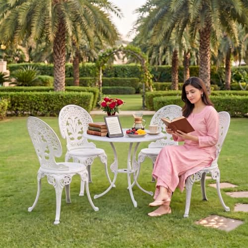 Image of BRISHI Cast Aluminium Garden Patio Seating Chair and Table Set for Balcony Outdoor Furniture with 1 Table and 4 Chairs Set (White)