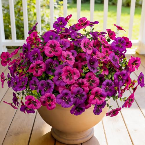 StyleNest 12 Piece Outdoor Artificial Flowers Fake Pansies -Two-Tone Faux Flowers per Stem, UV Resistant for Indoor Outdoor Porch Garden Planters Patio Window Box Home Decor(Light Purple Fuchsia)