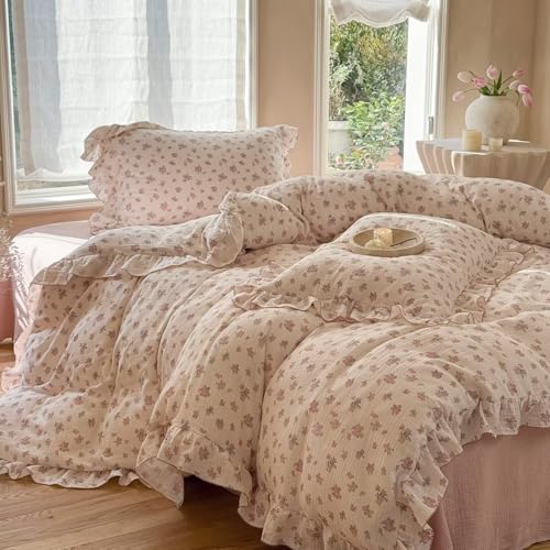 Image of BuLuTu Cottage Floral Duvet Cover King, Ruffles Princess Comforter Cover 90 inchx104 inch, Muslin Quilt Covers with Zipper, No Pillow Case, Soft Lightweight Gauze Bedding, Machine Washable