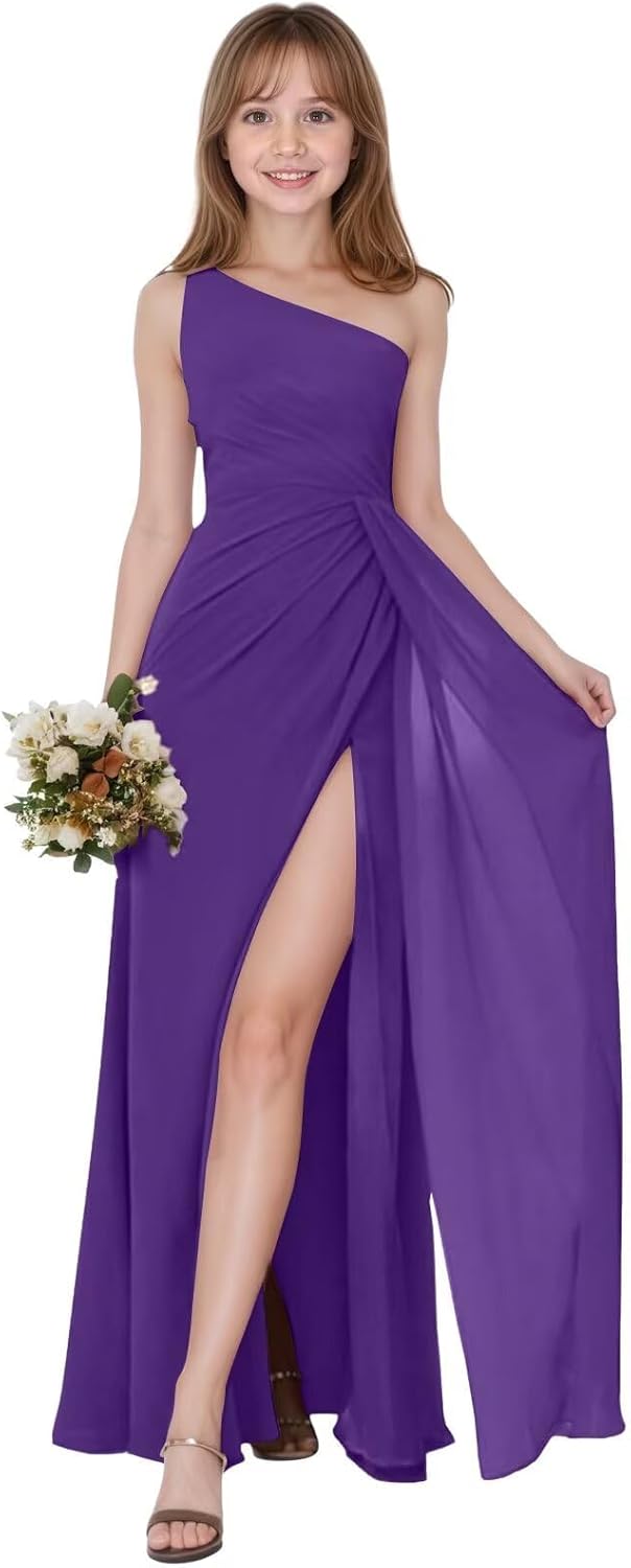 One Shoulder Girls Junior Bridesmaid Dress with Slit Long Chiffon Formal Flower Girl Dresses for Wedding Party