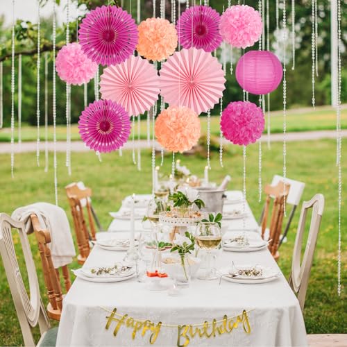 Image of SUNBEAUTY Hot Pink Birthday Party Decorations for Girls Women with Happy Birthday Banner Hot Pink Paper Fans Tissue Pom Poms Lantern Decorations Birthday Decorations Kit