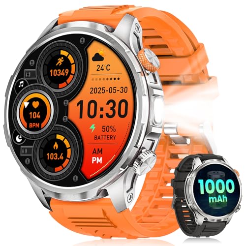 Reloj Inteligente Hombre Militar con Llamadas/1000mAh Smartwatch Hombre con 1,91' AMOLED/5ATM Impermeable/LED Linterna/110+ Modos Deportivos/SpO2/Pulsómetro/Sueño/Pulsera Actividad Android iOS Naranja