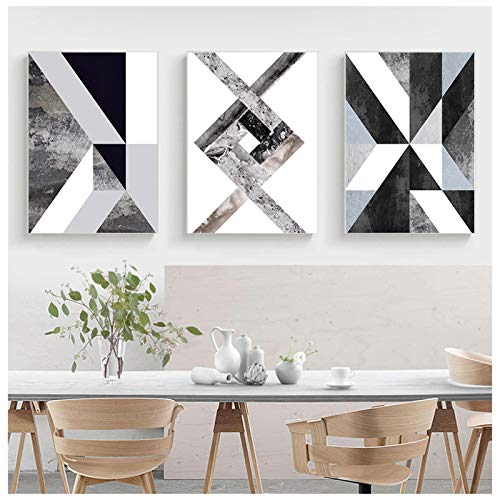 Toile d'art géométrique pour habiller un grand mur de salon | Style nordique noir et blanc 3 pièces