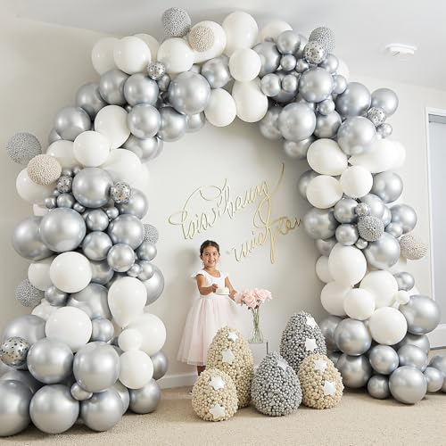 Image of 412Pcs White and Silver Balloons Arch Kit, 18 12 10 5 Inch White Metallic Silver Latex Balloon for Wedding Bridal Shower Engagement Anniversary Birthday Party Decorations