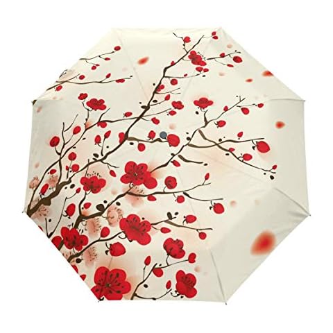 QMIN Auto Folding Umbrella Japanese Cherry Blossom Windproof Anti-UV Protection Travel Compact Rain Umbrella for Women Ladies Men Girls Cover