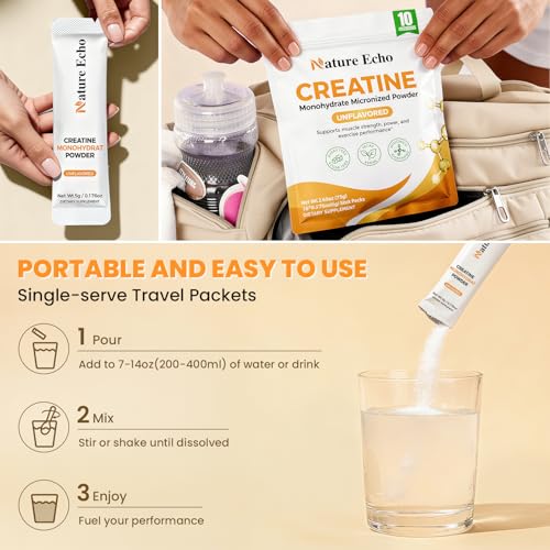 Image of Creatine Monohydrate Micronized Powder 10 Single-Serve Packs 5g | Clean, Unflavored 5000mg Creatine Travel Packs for Men & Women to Muscle Growth, Vegan, Gluten-free, no Sugar