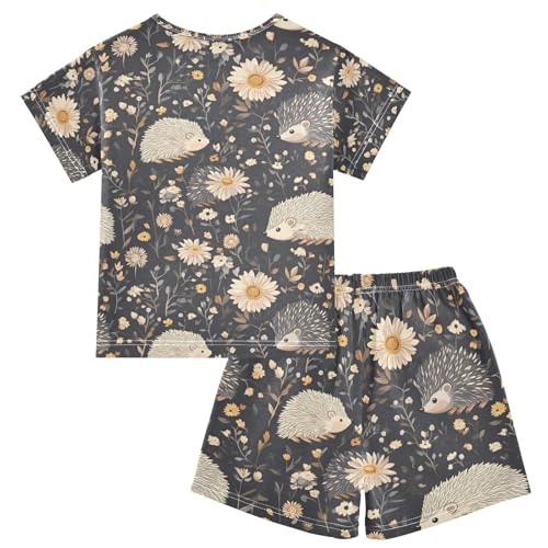 ALAZA Blossom Flower Leaf Hedgehog Pajamas Set Short Sleeve Cotton Sleepwear Summer Pjs 2 Piece 5-14Y2