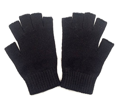 iMongol- Pure Wool Mens Half Fingers Mid Fingerless Gloves Mittens For Women Men (Black)