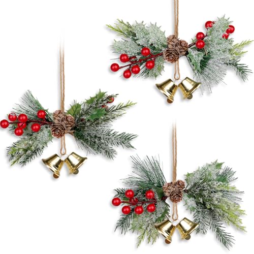 YiYa Christmas Bells Ornaments 94 Gold Metal Jingle Bells with Pine Cones Berries Wall Hanging Gold Bells for Christmas Tree Wearth Door Decorations