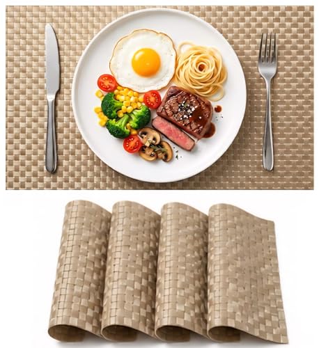 Image of Dribble Premium Anti UV-Mesh Woven PVC Table Placemats Set of 4 - Non-Slip, Heat Resistant, Washable Dining Table Mats for Kitchen, Dining & Office - 45cm X 30cm Durable Textured Design (Golden)