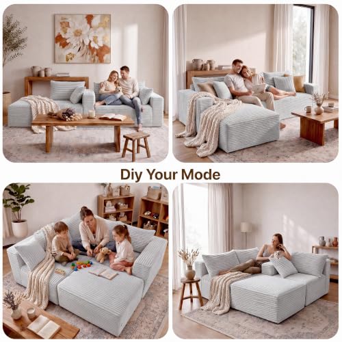 Image of Claiks 94 inch Boneless Couch, L-Shape Corduroy Modular Sectional Sofa Deep Seat,No Assembly Required, Light Grey