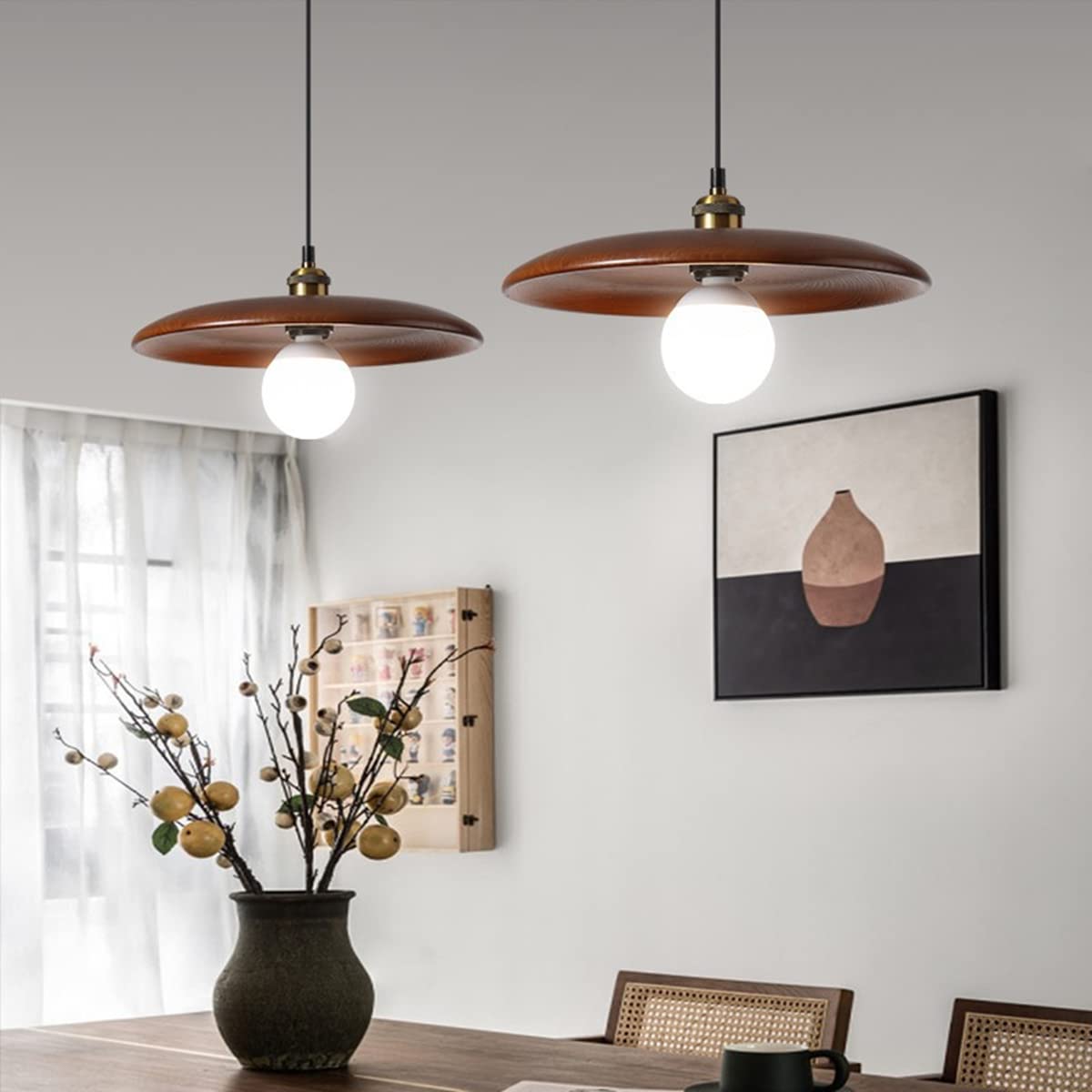 Chrasy Lampada a Sospensione Cavo Regolabile Legno Noce E27 28 cm Max 60 W | Illuminazione Verso il Basso, Atmosfera Calda, Paralume Compatto, Compatibile con Dimmer Esterno, Cucina Sala Bar Soggiorno