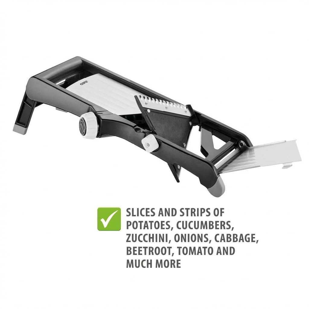 GEFU Cortador de verduras LAOLA | Grosor de corte ajustable 1 – 9 mm | Juliana y corte ondulado | Acero inoxidable, pies antideslizantes, soporte de seguridad, apto para lavavajillas