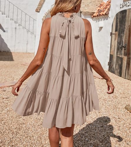 Okiwam Womens Summer Halter Dresses Sleeveless A Line Tiered Swing Mini 2025 Fall Casual Boho Beach Vacation Sundress