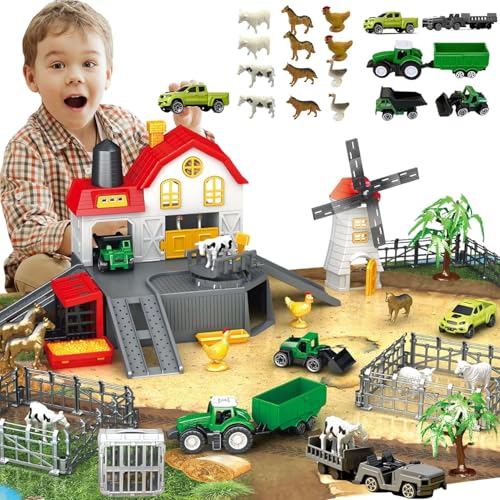 Frontoytall Farm Toy Set from 3 Years - 49-Piece Farm Animals Playset with Barn Tractor Truck Fences & Durable Play Mat - Educational Toy for Children
