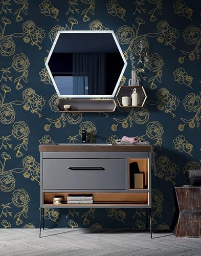 Image of Blue and Gold Rose Wallpaper - Self Adhesive Peel and Stick Floral Wall Stickers, Waterproof PVC Vinyl Decorative Paper for Home, Bedroom, Living Room & Furniture (45cm x 300cm)