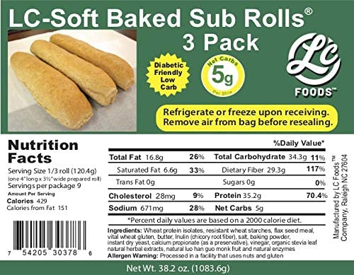 Miniatura 7 de LC Foods Sub Rolls suaves horneados bajos en carbohidratos (paquete de 3)  Rico en proteínas y fibra  Sin azúcar añadido  Sin edulcorantes