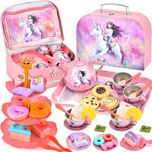 SACBRZZ Juego de Te Infantiles, 48 Piezas Accesorios Cocina Juguetes Incluye Postre y Galletas, Comida de Juguete Juego de rol De, Navidad Regalo de CumpleañOs para Juguetes NiñAs 3 4 5 6 7 8 AñOs