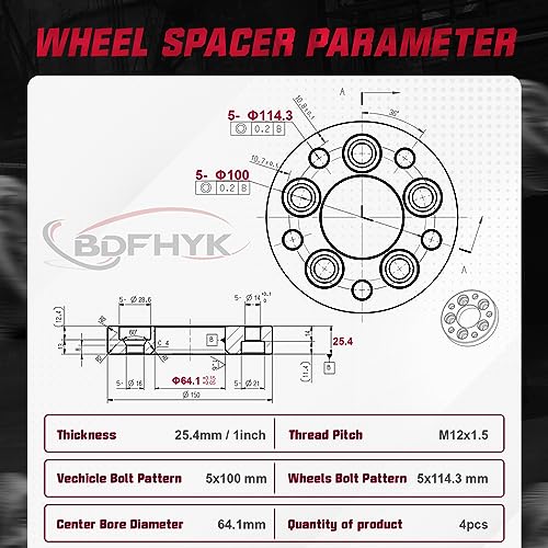 Image of BDFHYK 5x100mm to 5x114.3mm Wheel Spacers 1 inch Wheel Spacer Compatible with Chevy Toyota Pontiac, Forged 5 Lug Wheel Adapters M12x1.5 & 64.1 mm Hub Bore, Set of 4, Not Hubcentric