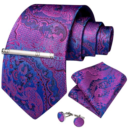 Image of DiBanGu Paisley Ties for Men Silk Necktie and Pocket Square Cufflinks Tie Clip Set Woven Classic Mens Tie for Wedding Party