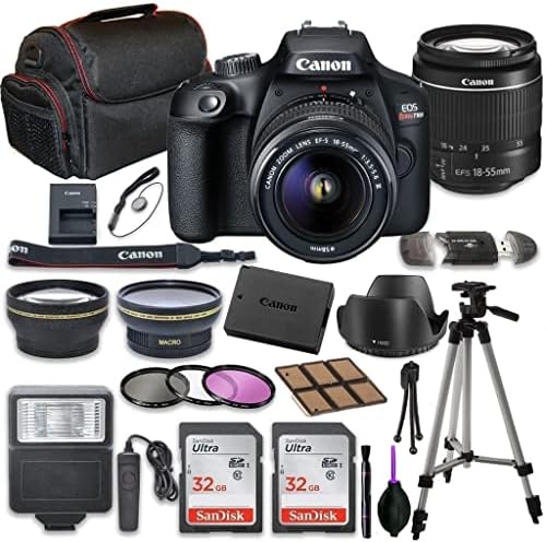 Canon EOS Rebel T100 DSLR Camera Bundle with Canon EF-S 18-55mm Zoom Lens + 2pc SanDisk 32GB Memory Cards + Accessory Kit with Case, Flash, Filters and More (Renewed)