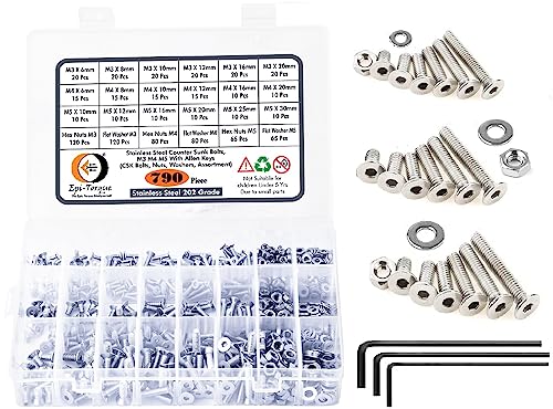 Image of Stainless Steel 202 Grade Flat Socket Head Cap Screw Internal Hex M3 M4 M5 Thread Counter Sunk Full Thread Machine Screws Nuts and Bolts- Pack of 790 Pieces