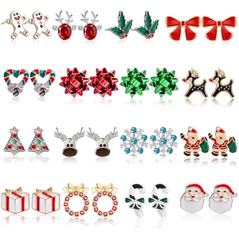 16 Pairs Christmas Stud Earrings for Women Xmas Holiday Dangle Earrings Christmas Tree Snowflake Bow Bells Light Earrings Bulk Cute Christmas Party Jewelry Gifts Cover