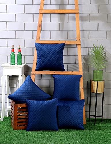 Image of Nendle Luxurious Soft Velvet Solid Color Quilted 210 TC Cushion Covers 16 Inch X 16 Inch Set Of 5 (Navy Blue, 40 * 40 Cm)