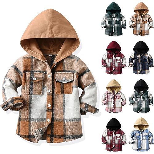 Toddler Kids Hooded Flannel Shirt Button Down Plaid Shacket Jacket Cardigan with Pockets Fall Jackets for Boys Girls3