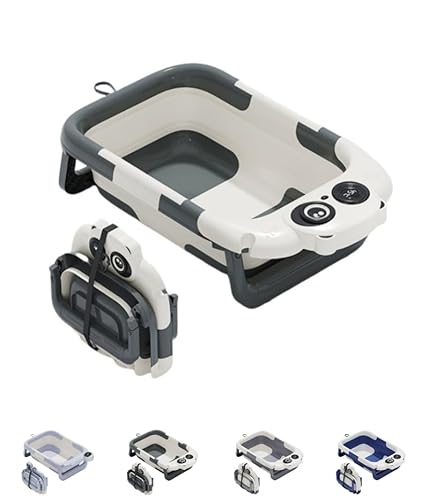 TAKEY ベビーバス 折りたたみ式 湯温計付き 赤ちゃん 子供用風呂 バスネット付き ベイビーバス 収納容易 省スペース 赤ちゃんに優しいPP素材 滑り止め設計 お風呂 浴槽 (パンダ温度感知モデル - パンダカラー)