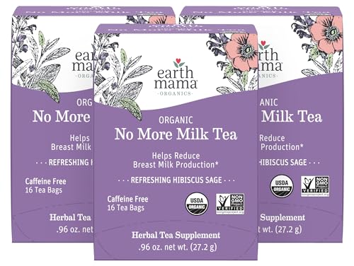 Image of Earth Mama No More Milk Tea | Organic Herbal Tea Bags to Reduce Breast Milk Production, Stop Breastfeeding, & Wean Lactation Naturally, Postpartum Essentials, Hibiscus & Sage Decaf Tea (16-Count, 3PK)