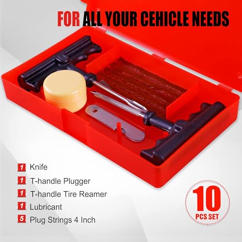 Image of AWELCRAFT 10-Piece Economical Tire Repair Kit - Flat Tire Plug Kit with T-Handle Tools, Storage Case - Fix Punctures Fast, - Ideal for Car, Truck, Motorcycle, ATV