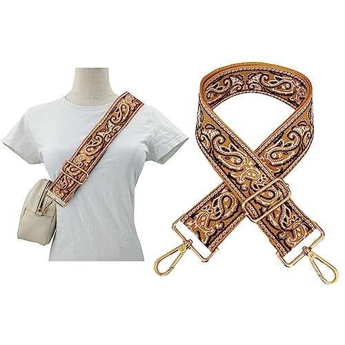 Image of 1pc Adjustable Strap Replacement 2inch Wide Paisley Jacquard Belt for Crossbody Purse Handbag Shoulder Guitar Camera Bag (Dark Yellow)