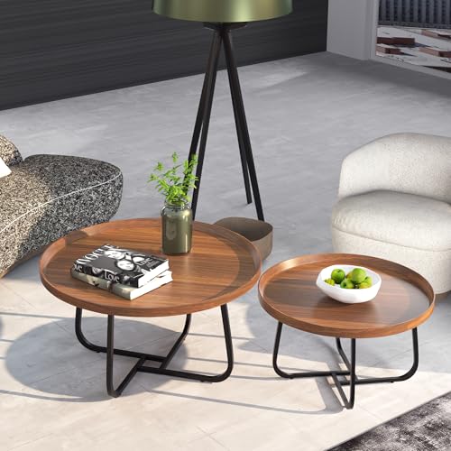 Couchtisch Rund 2er Set | Satztische fürs Wohnzimmer | wohnzimmertisch runder aus Holz mit Metallrahmen | Platzsparendes stapelbares Design (ø70CM+ø50CM) Beistelltisch Set für Wohnzimmer & Büro